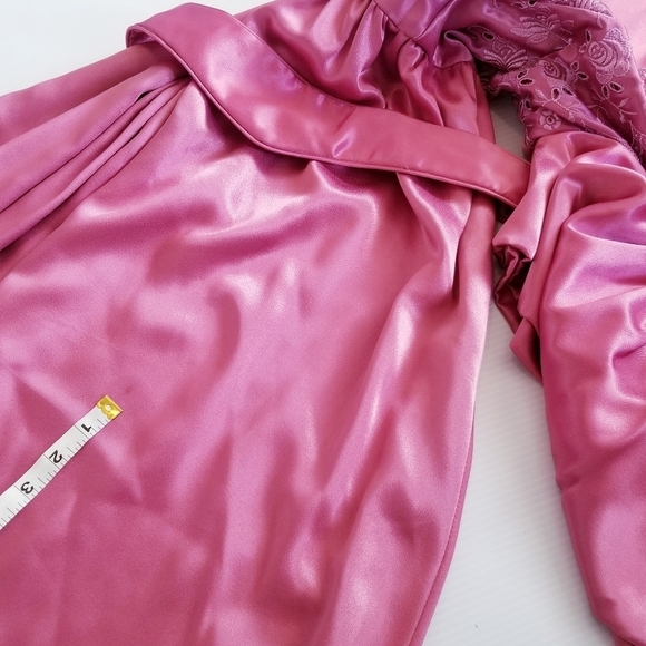 Vintage Union Made 80s Puff Sleeve Satin Pink Embrodiered Floral Midi Dress - Picture 16 of 16